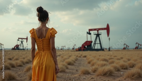 Girl Standing in Front of Oil Rigs Field in Venezuela