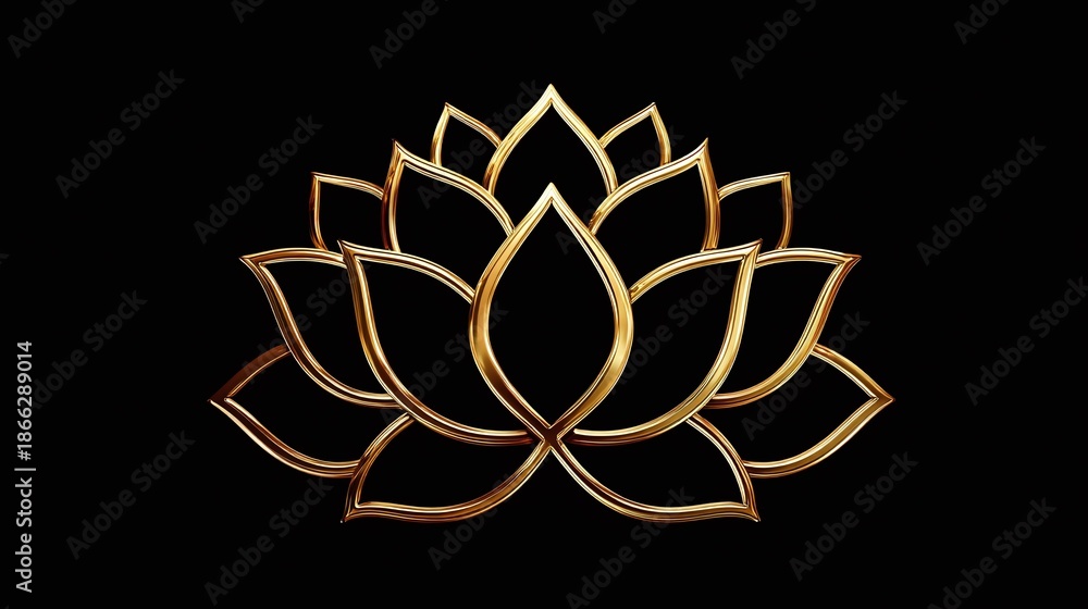 Obraz premium Elegant golden flower design. The golden outline of the petals are perfectly aligned. The flower stands out against a simple black background. The golden hues are vibrant.