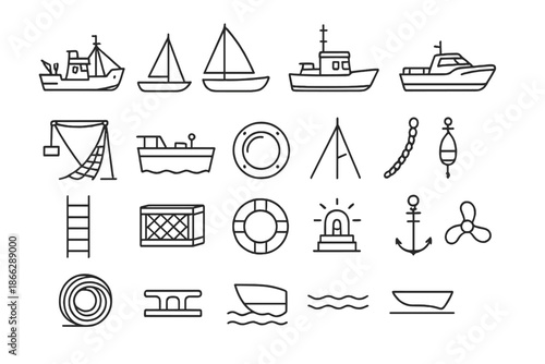 Fishing Boat Icons. Line style icons of fishing boats: trawler, sailboat, rowboat, harbor vessel, motorboat, net hauler, ship deck