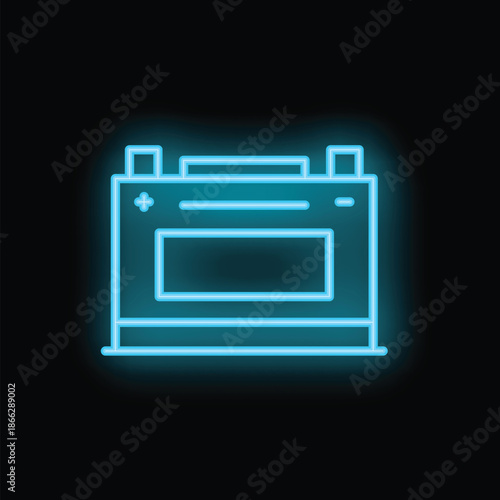 Blue neon icon of a car battery glowing on black background