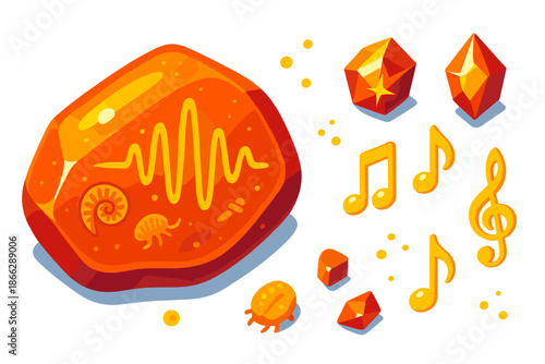 Fossil Melody Amber. Isometric vector illustration set Fossilized Song Amber: amber shard with trapped sound waves, tiny embedded