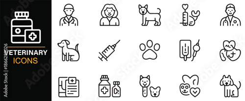 Veterinary services and pet treatment outline icons
