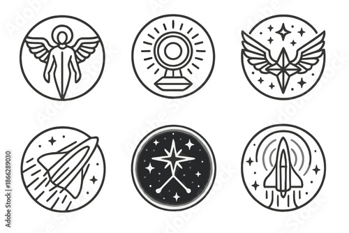 Astral Technology Icons. Line style circular vector icons of astral technology: spaceship with winged figure, radiant halo engine,