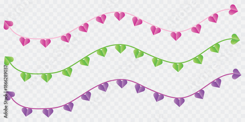 Colorful heart shaped garland strings in purple, green, and pink hues