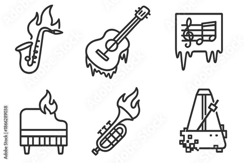 Thermal Instruments Icons. Line style icons of Thermal Harmony: burning saxophone, icy guitar, tiny flame piano, frosty sheet