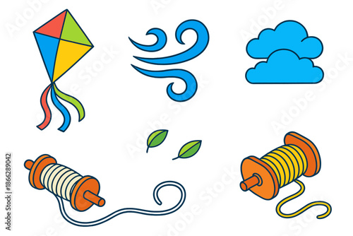 Kite and Wind Play. Isometric vector illustration set Kite String Wind: diamond-shaped kite, twisting wind currents, fluttering