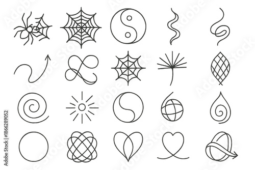 Intricate Line Harmony. Line style icons of symbolic nature: spider weaving, life web, vortex balance, energy thread, fate line,