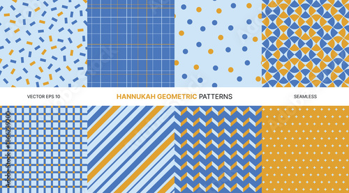 Seamless vector pattern set with Hanukkah geometric shapes in blue and gold colors, festive holiday decoration for wrapping paper, fabric, background, wallpaper, modern, cultural celebration texture