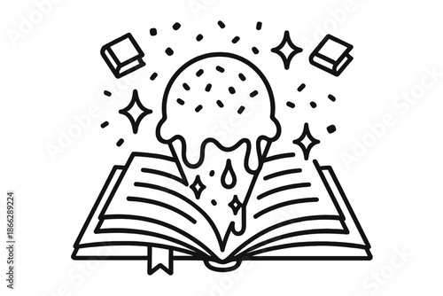 Dessert Book Icons. Line style icons of Dessert Reading: ice cream melting into book, glowing pages, tiny floating sprinkles,