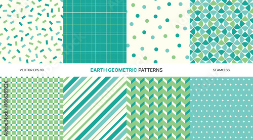 Seamless vector pattern set with teal green blue geometric shapes including polka dots chevrons stripes and grids symbolizing earth freshness used for eco packaging design wrapping surface decoration