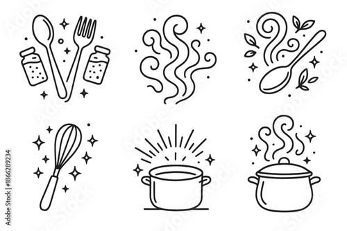 Culinary Icon Extravaganza. Line style icons of Culinary Magic: levitating utensils with spice jars, mystical smoke, glowing steam