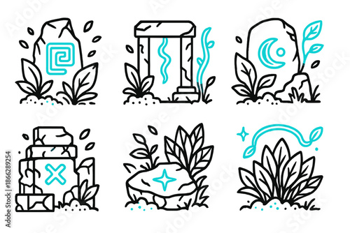 Luminous Ruins Icons. Line style icons of Luminous Ruins: ancient stones with neon messages, overgrown plants, tiny floating