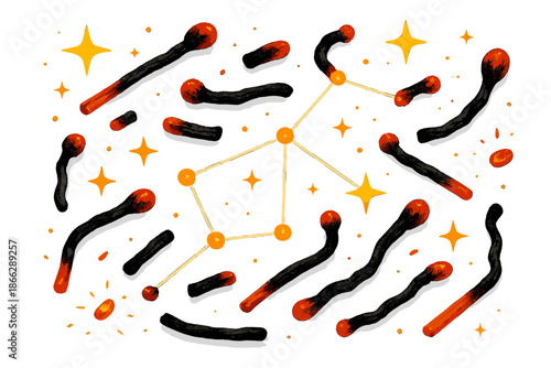 Burnt Matchstick Constellation. Isometric vector illustration set Burnt Matchstick Constellation: burnt matchstick fragments, tiny