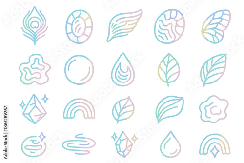 Iridescent Nature Icons. Line style icons of Iridescent Nature: peacock feather, opal gem, shimmering wing, butterfly scale, oil