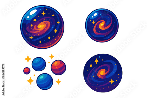 Galactic Glass Orbs. Isometric vector illustration set Glass Marble Galaxy: spherical marble, transparent glass, swirling cosmic