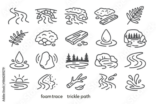 Mountain Stream Icons. Line style icons of Mountain Streams: creek bend, stone bridge, river flow, pebble path, fern leaf, moss
