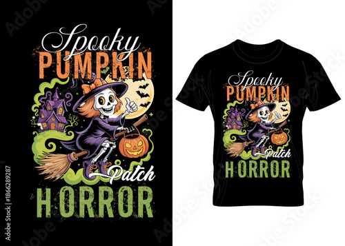Spooky pumpkin witch horror t shirt design