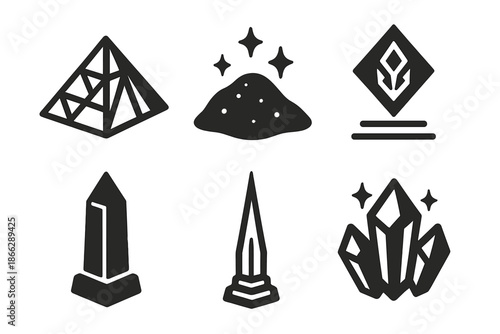 Crystalline Architecture Icons. Solid style icons of crystalline architecture in : glass pyramid, shimmering sand, hovering glyph,