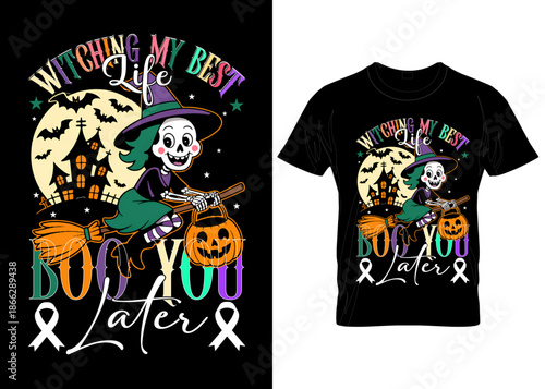 Halloween t shirt design featuring witches and breast cancer awareness