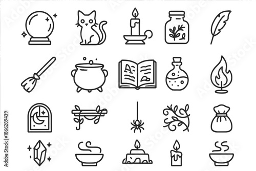 Witch's Sanctuary Icons. Line style icons of Witch’s Sanctuary: crystal orb, black cat, candle holder, herb jar, broomstick,
