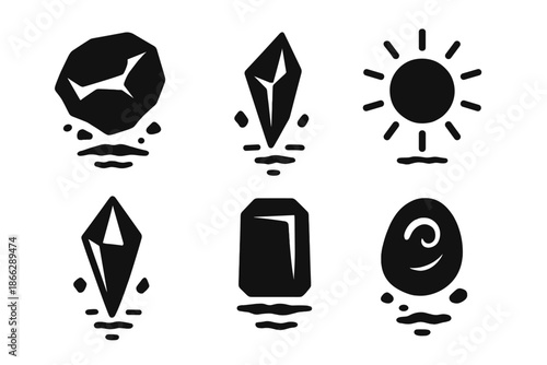 Levitating Solid Icons. Solid style icons of levitating objects in : floating boulder, hovering shard, prism crystal, radiant orb,