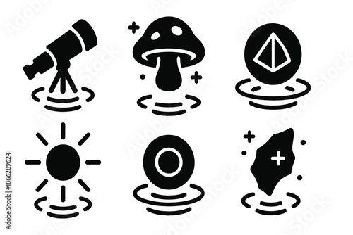 Levitating Mystical Objects. Solid style icons of levitating objects in : floating telescope, hovering mushroom, prism sphere,