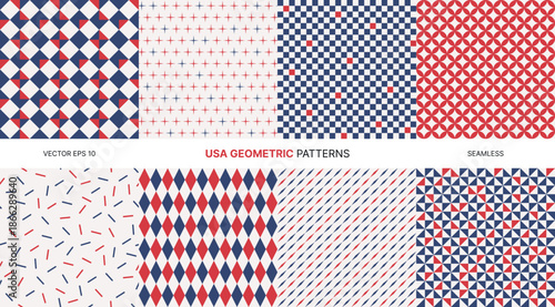 Seamless vector pattern bundle with USA geometric backgrounds in red navy white tones, modern abstract patriotic Independence Day, Memorial Day, Fourth of July themes, festive creative decoration