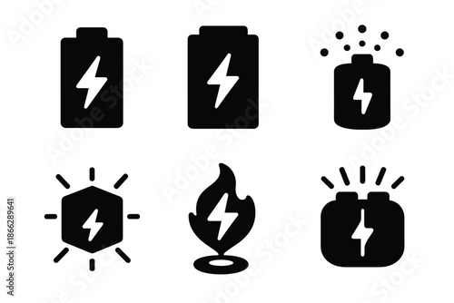 Power Source Icons. Solid style icons of power sources in : battery, prism cell, glowing capacitor, radiant energy pack, ethereal