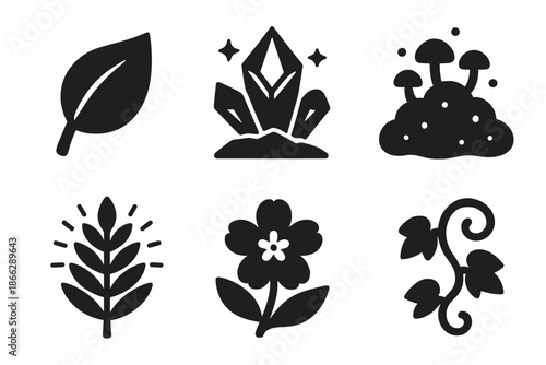 Virtual Flora Icons. Solid style icons of virtual flora in : leaf, prism plant, glowing moss, radiant fern, ethereal blossom,