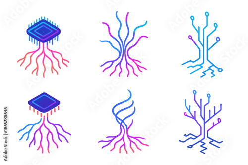Luminous Motherboard Roots. Isometric vector illustration set Circuitry Root System: luminous motherboard roots, neon data veins,