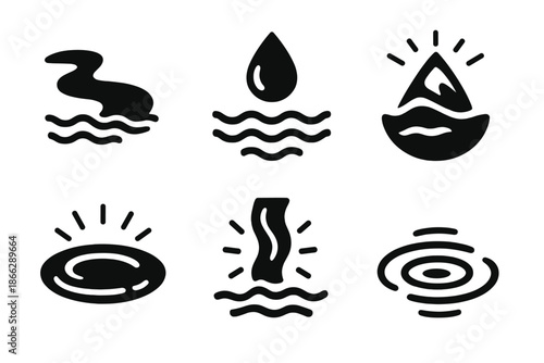 Levitating Water Icons. Solid style icons of levitating water elements in : floating river, hovering droplet, prism wave, radiant