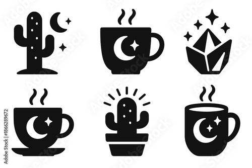Cozy Desert Icons. Solid style icons of cozy desert scenes in : cactus, mug, prism succulent, glowing teacup, radiant pot,