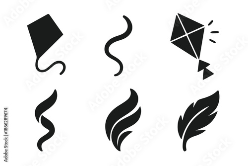 Levitating Playful Objects. Solid style icons of levitating playful objects in : floating kite, hovering string, prism tail,