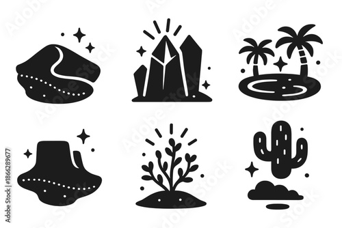 Fantasy Desert Icons. Solid style icons of fantasy cozy landscapes in : glowing sand dune, prism rock formation, radiant oasis,