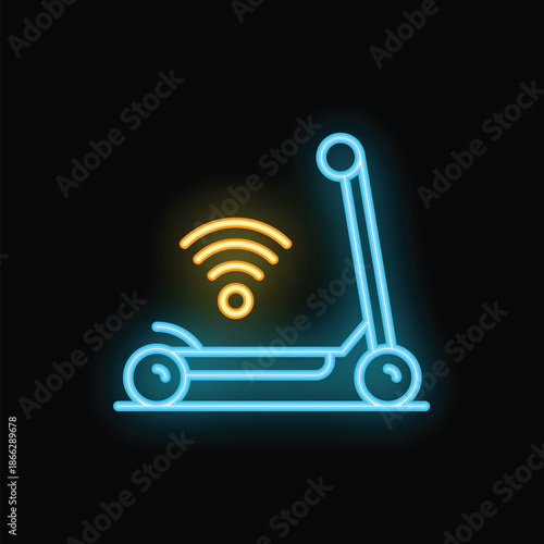 Glowing neon line electric scooter icon isolated on black background. Vector illustration