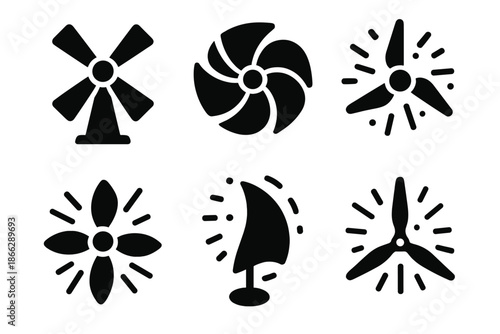 Whimsical Energy Icons. Solid style icons of whimsical energy symbols in : windmill, prism rotor, glowing turbine, radiant vane,