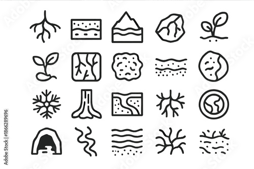 Earth Connection Icons. Line style icons of Earth Connection: root, soil layer, mountain base, stone crack, water flow, seed