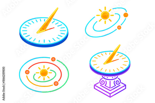Neon Sundial Design. Isometric vector illustration set Zenith Shadow Sundial: luminous gnomon shadow, neon sundial dial, floating