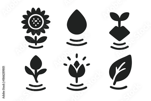 Levitating Botanical Icons. Solid style icons of levitating botanical objects in : floating sunflower, hovering seed, prism sprout
