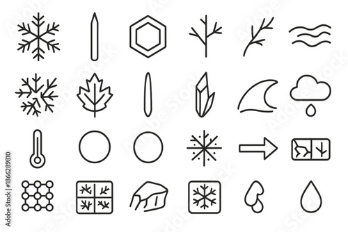 Geometric Ice Crystals. Line style icons of Geometric Ice Crystals: hexagonal snowflake, needle ice crystal, plate crystal,
