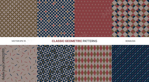 Seamless vector pattern set with classic geometric shapes in retro brown navy and red palette perfect for vintage backgrounds fabric design wrapping paper home decor elegant timeless decorative