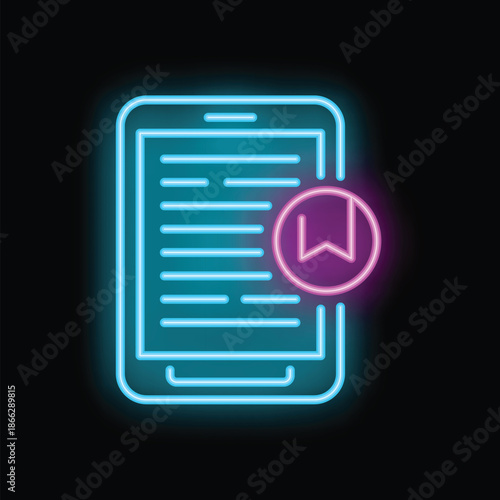 Neon icon of a smartphone displaying an e book with a bookmark, representing digital reading