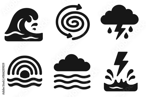Solid Ocean Phenomena Icons. Solid style icons of ocean phenomena: wave whirlpool, tide current, storm cloud, rainbow sunset, fog