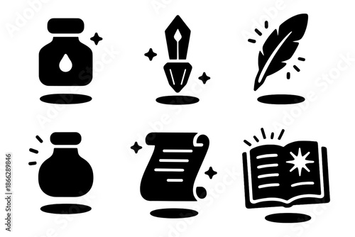 Levitating Writing Icons. Solid style icons of levitating writing tools in : ink bottle, prism pen, glowing quill, radiant inkpot,