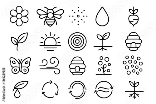 Pollination and Growth Icons. Line style icons of Pollination and Growth: flower bloom, bee flight, pollen dust, nectar droplet,