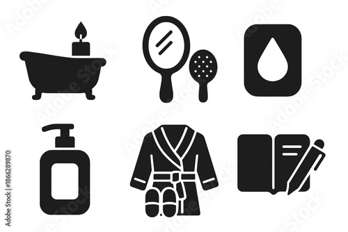 Self-Care Icons. Solid style icons of self-care routines: bath tub candle, brush mirror, soap droplet, lotion bottle, slippers
