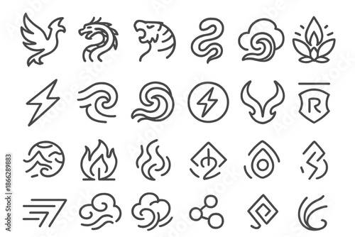 Electric Myth Beasts Icons. Line style icons of Electric Myth Beasts: phoenix flame, dragon coil, tiger stripe, serpent curve, koi