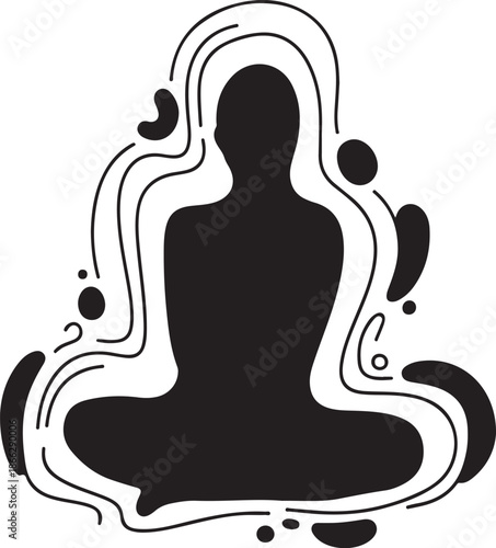 Meditating Person in Black Silhouette with Abstract Lines and Shapes