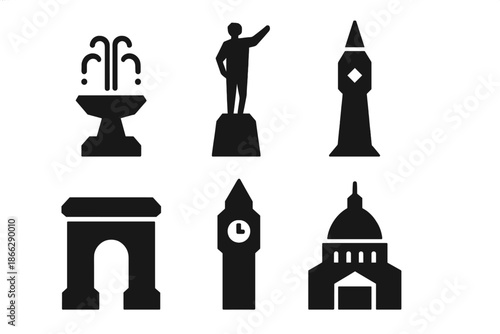 Urban Landmark Prisms. Solid style icons of urban landmarks: fountain prism, statue prism, tower prism, arch prism, clocktower