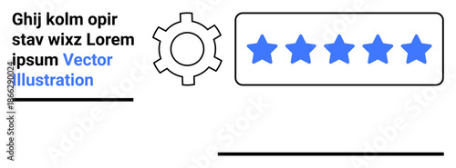 Gear next to five blue stars in rating box representing high-quality ratings. Ideal for feedback, evaluation, customer satisfaction, efficiency, reviews, success, simple landing page